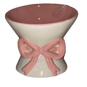 Mellow & Mod Pink Bow Cat Drinking Water Tall Bowl Hand Painted NEW